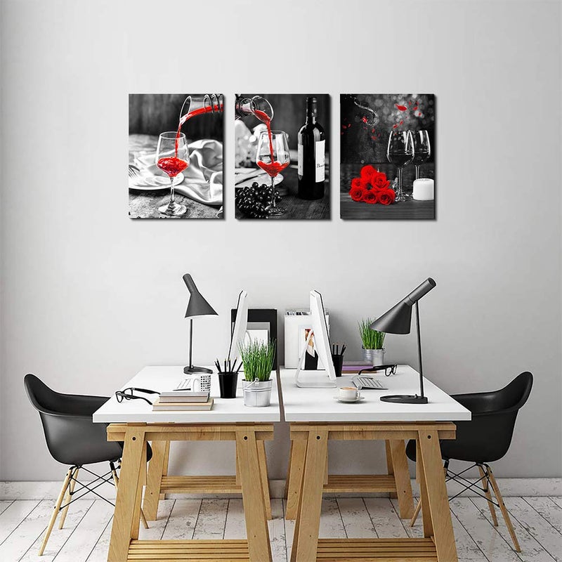 TTHYUEWS Kitchen Wall Art for dining room Wall Decor Still life Black and white Canvas art Prints Wine barrel bar Red rose painting modern family wall decorations restaurant bedroom Decor Artwork 3 piece set - Image 5